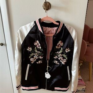 Varsity Bomber-Style Floral Embroidered Jacket Size S